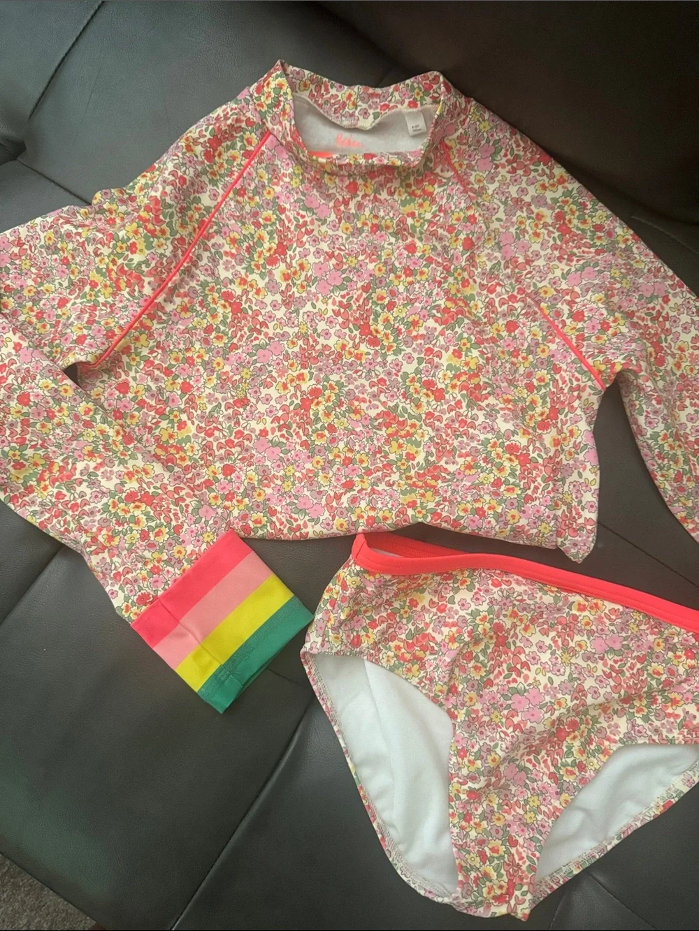 Boden Girls Floral Rash Guard Set in Pink with Rainbow Trim